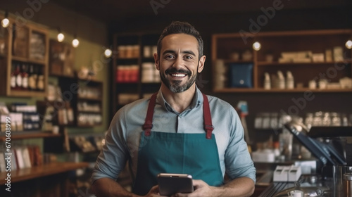 A male cashier, Portrait of smiling merchant uses touchpad to accept customer payments, small business cafe cafeteria, Cashier working in store.