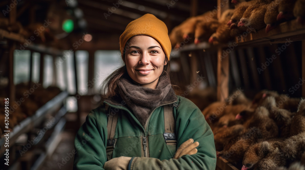 A smiling female chicken farmer stands with his arms folded in the poultry shed.