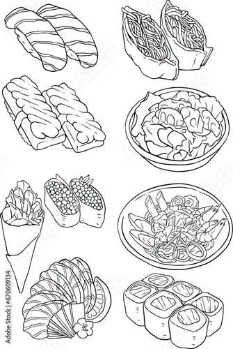 Indonesian and Japan Food Famous Hand Drawn Icon Set Vector. vector of sushi set. black line vector set