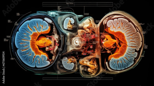 A medical, MRI image of the brain, showing a cross - section with detailed annotations. Magnetic Resonance Imaging.