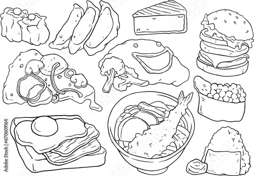 Vector set of fast food hand drawn illustration, with burger, sushi, sandwich, fried eggs, omelet, pizza, isolated on white. black line vector set