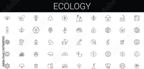 Ecology icon set. Environment, sustainability, nature, recycle, renewable energy; electric bike, eco-friendly, forest, wind power, green symbol. Solid icons vector collection.