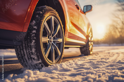 Close-up of a car's wheel navigating snowy terrain, showcasing the reliability of winter tires photo