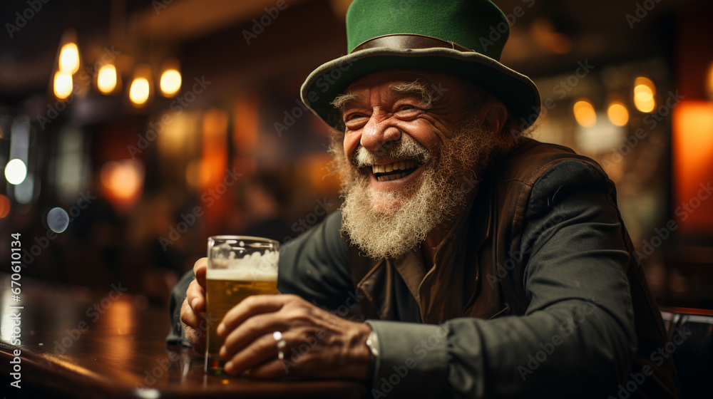 Liprechaun in a green hat drinks beer