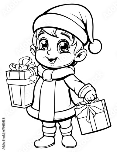 Christmas girl with gifts coloring book page for kids