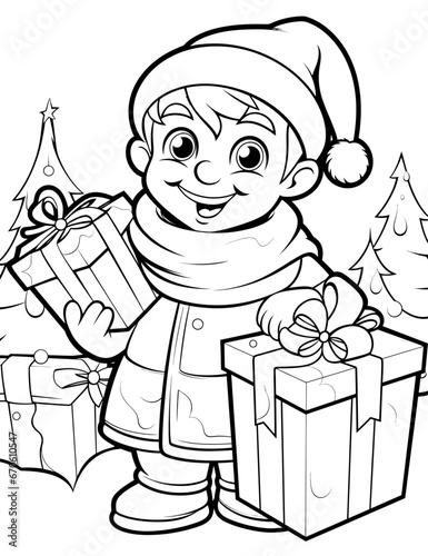 Coloring book page girl with christmas gifts