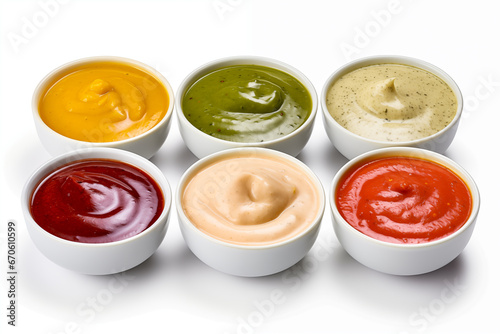 Different types of sauces: mustard, ketchup, Thousand Island, pesto, barbecue, and tartar. Side view. White background.