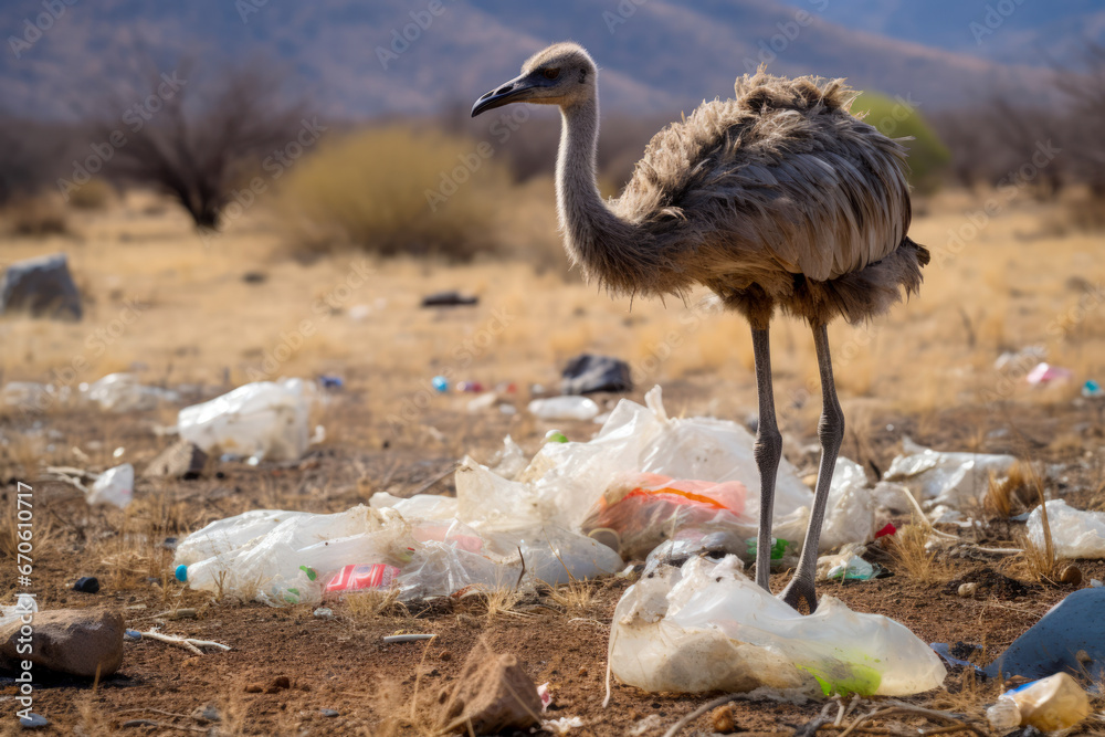 Ostrich interacting with discarded plastic Ostrich interacting with discarded plastic