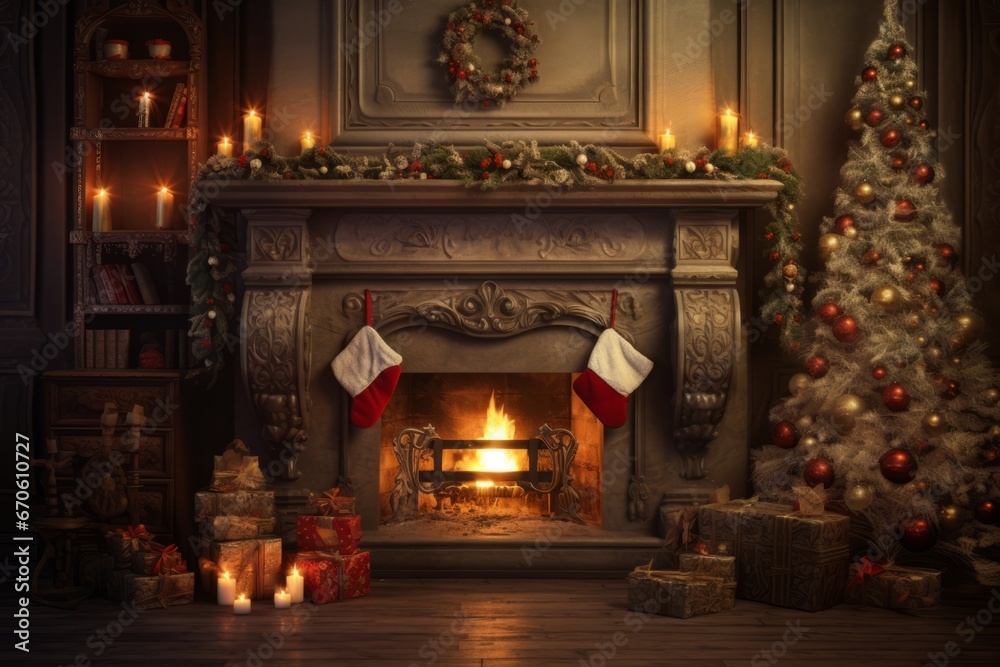 Christmas Studio Interior. Magic glowing fireplace in the living room Christmas Studio Interior. Magic glowing fireplace in the living room