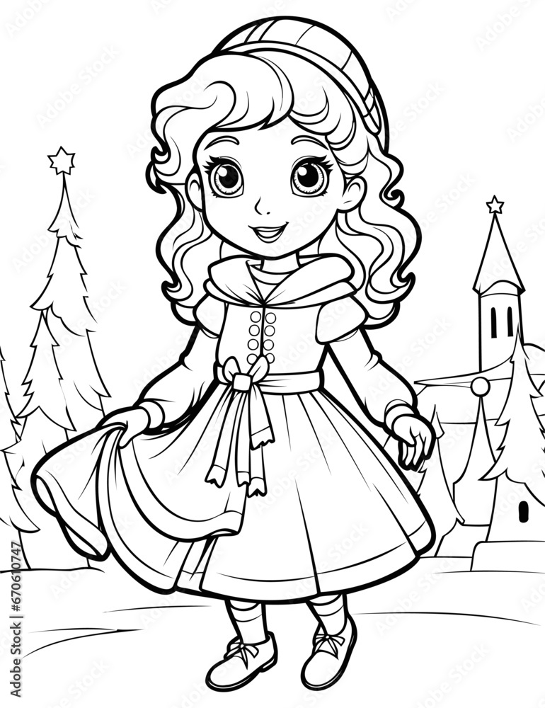 Little princess girl coloring page cartoon line art illustration