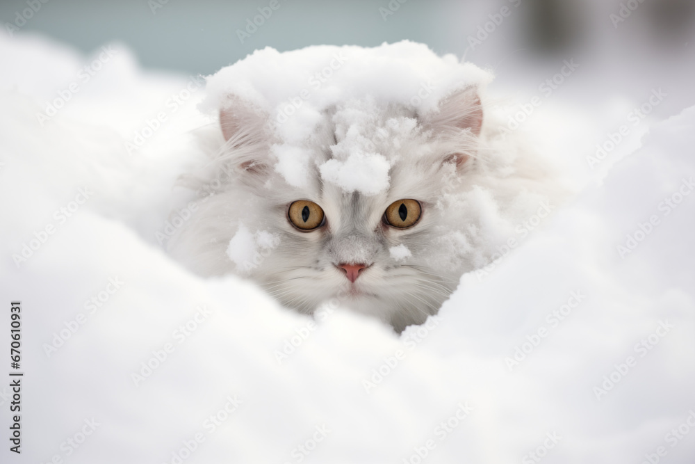 cat in the winter hiding and playing in the snow, generative ai