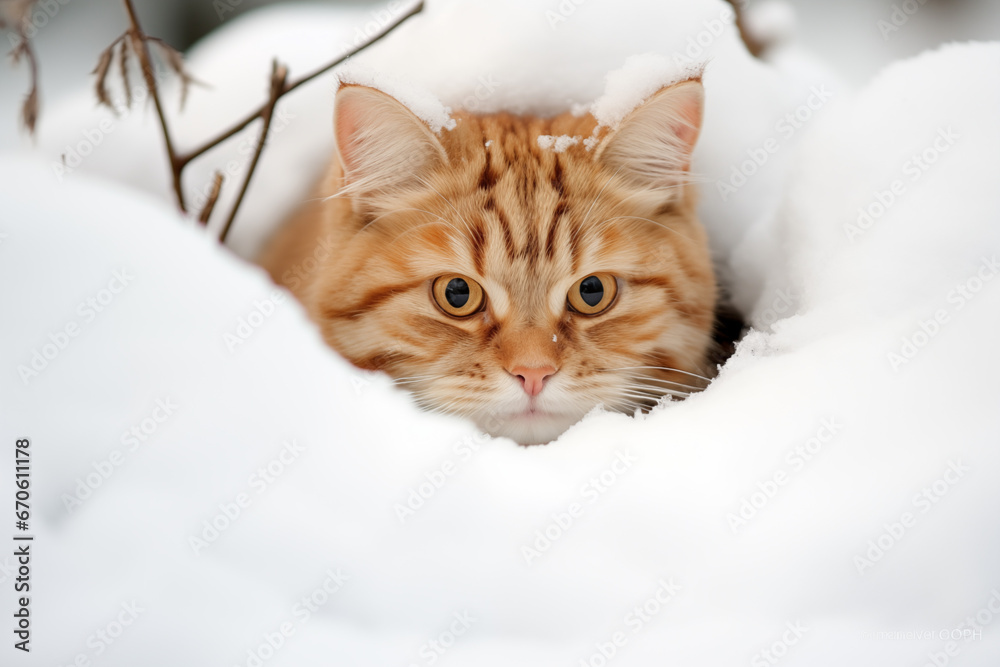 cat in the winter hiding and playing in the snow, generative ai