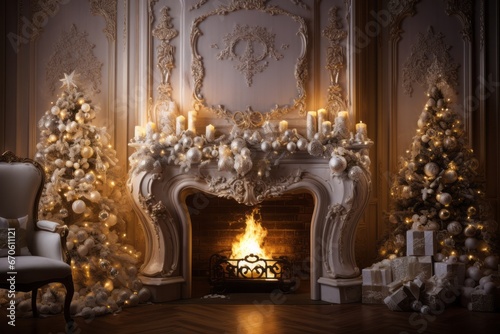 Christmas Studio Interior. Magic glowing fireplace in the living room