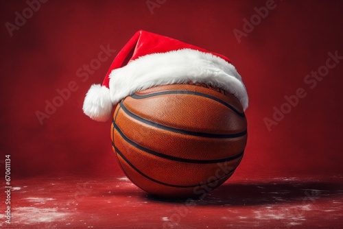 Close up of a basketball with a Santa hat. Illuminated ball on the red floor. Red background.
