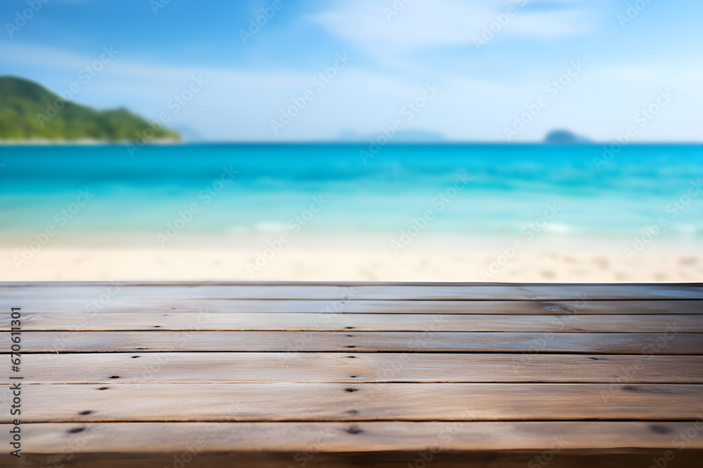 Empty wooden table light brown wood texture Blurred background, sea view and beach Empty wooden table light brown wood texture Blurred background, sea view and beach