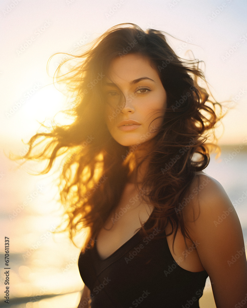 Beautiful Brunette Woman on Beach at Sunset Beautiful Brunette Woman on Beach at Sunset