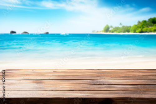 Empty wooden table light brown wood texture Blurred background, sea view and beach