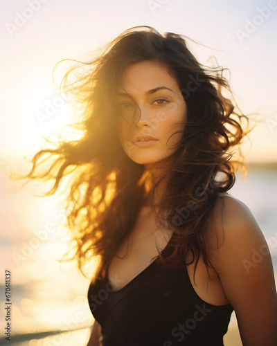 Beautiful Brunette Woman on Beach at Sunset © Aaron Wheeler