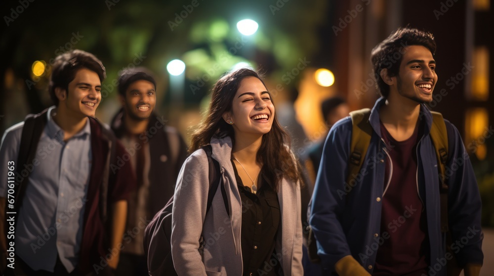 University students smile happily behind college buildings. University students smile happily behind college buildings.