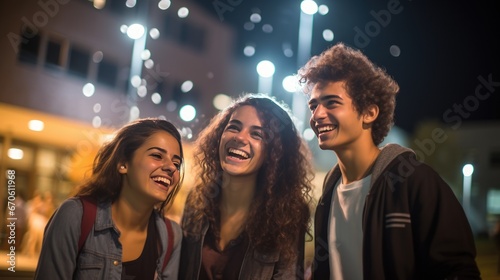 University students smile happily behind college buildings.