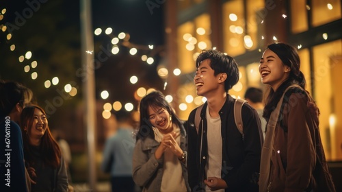 University students smile happily behind college buildings.