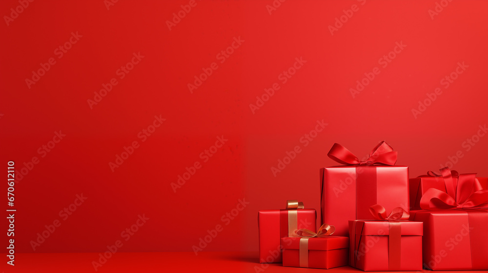 Mikołajki - prezenty pod choinkę na gwiazdkę - czerwone tło na życzenia na święta Bożego Narodzenia. Xmas. Wesołych Świąt.  - obrazy, fototapety, plakaty 