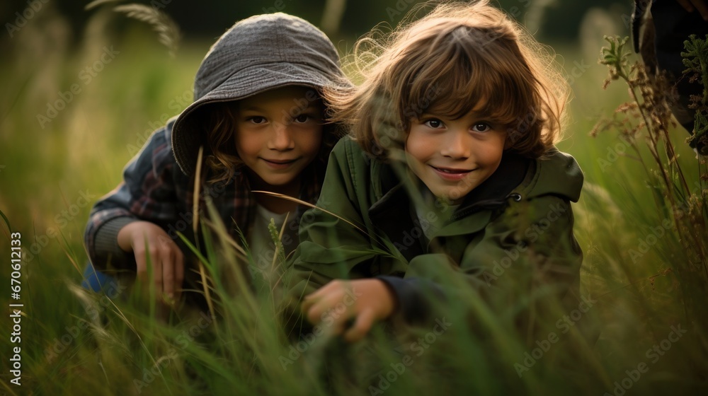 Two American children playing hide and seek in the grass