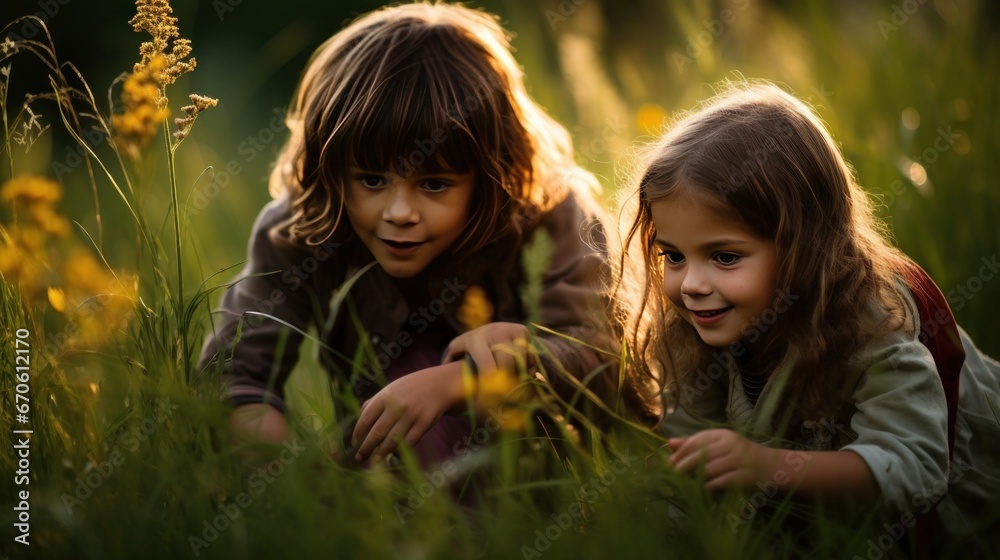 Two American children playing hide and seek in the grass Two American children playing hide and seek in the grass