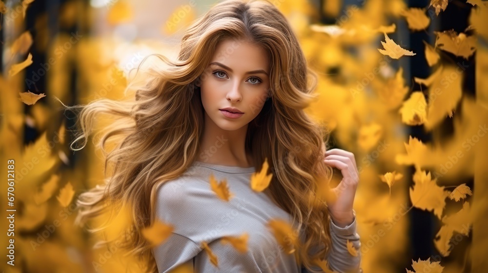 Young model is in the autumn park with yellow maple leaves falling from the trees.