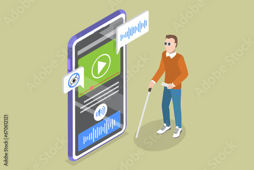 3D Isometric Flat Vector Illustration of Gadgets For Visually Impaired People, Mobile Application Assistant