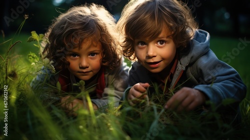 Two American children playing hide and seek in the grass