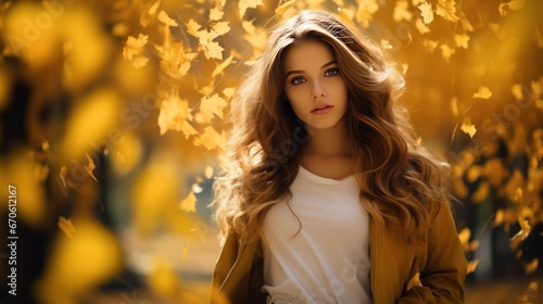 Young model is in the autumn park with yellow maple leaves falling from the trees.