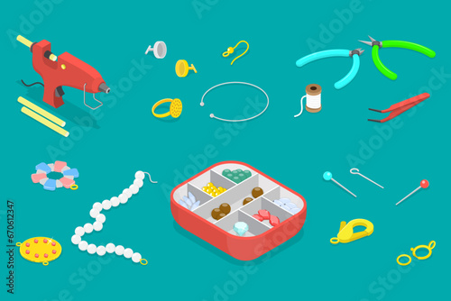3D Isometric Flat Vector Illustration of Jewelry Making Tools, Beading Hobby Equipment