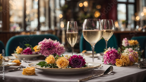 Champagne glasses  plate  flowers