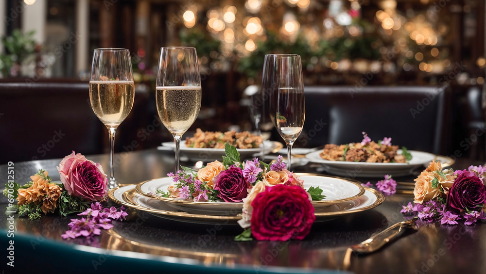 Champagne glasses, plate, flowers