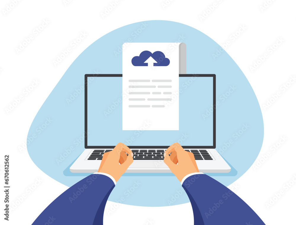 Uploading documents to cloud storage via laptop. Download process. File transfer. Data exchange, backup. Workplace front view. Vector illustration in a trendy flat style. Uploading documents to cloud storage via laptop. Download process. File transfer. Data exchange, backup. Workplace front view. Vector illustration in a trendy flat style.