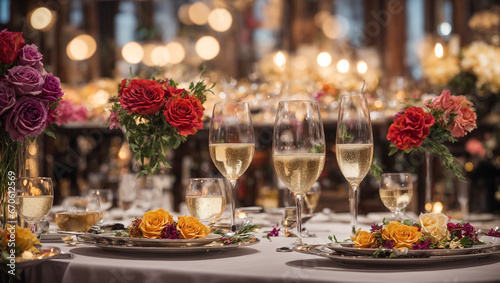 Champagne glasses, plate, flowers