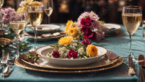 Champagne glasses  plate  flowers