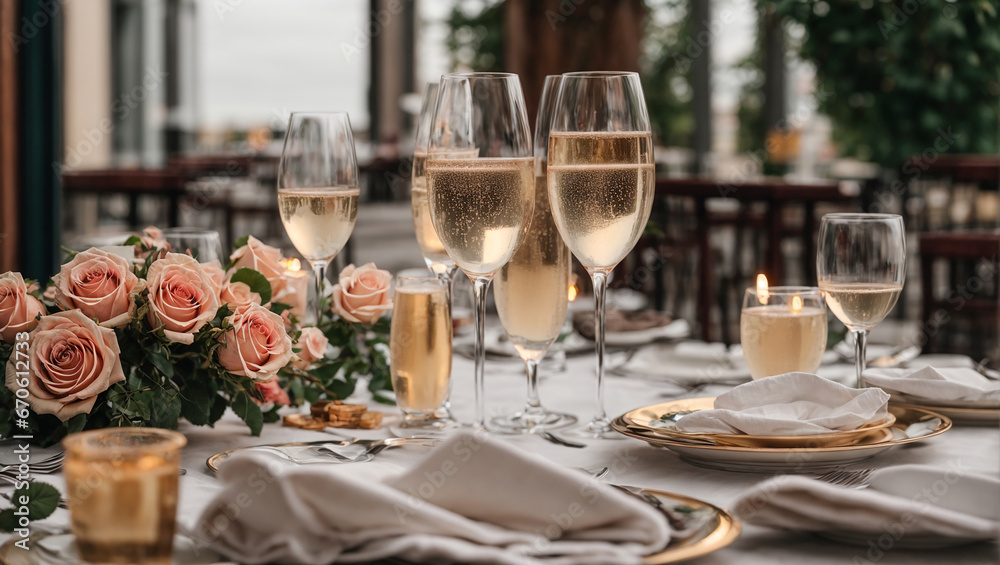 Champagne glasses, plate, flowers