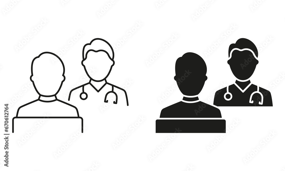 Patient Consultation with Doctor Line and Silhouette Black Icon Set. Dialog About Health Care Symbol. Hospital Physician Counseling Patient Pictogram Collection. Isolated Vector Illustration Patient Consultation with Doctor Line and Silhouette Black Icon Set. Dialog About Health Care Symbol. Hospital Physician Counseling Patient Pictogram Collection. Isolated Vector Illustration