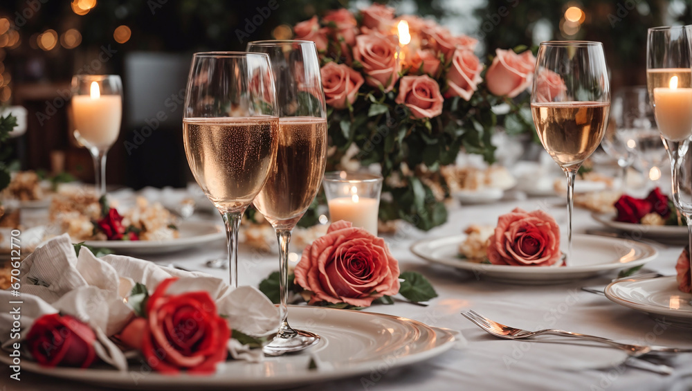 Champagne glasses, plate, flowers Champagne glasses, plate, flowers