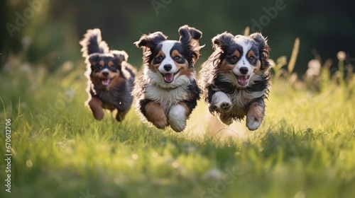 Three dogs playing in the grass