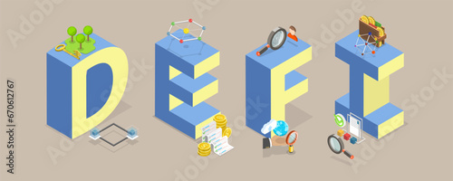 3D Isometric Flat Vector Illustration of DeFi, Decentralized Finance or Financialy Systerm