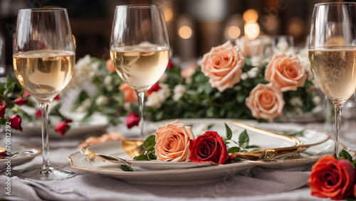 Champagne glasses  plate  flowers