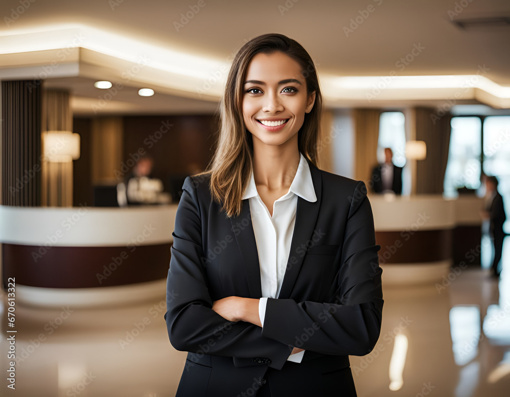 Professional female hotel worker smiling in front of the hotel reception desk. Successful hotel manager Professional female hotel worker smiling in front of the hotel reception desk. Successful hotel manager