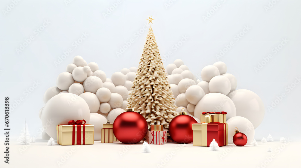 Golden, red and white Christmas decor with pines and wrapped gifts on light background 3d render