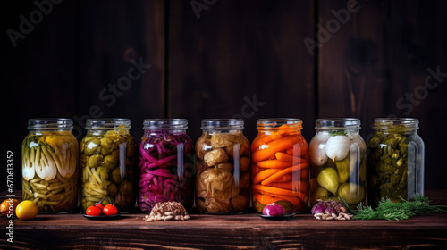 Preserving vegetables for the winter, canned vegetables in jars on a wooden table against a brown wall