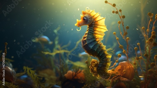 Single seahorse clinging to a piece of seaweed, sunrays casting a radiant glow around it.