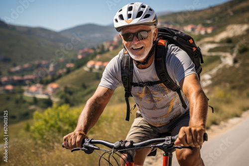 Elderly smiling man in safety helmet riding a bicycle along country road to stay fit and healthy. Caucasian senior having fun on a bike ride in summer countryside. Active lifestyle for retired people. © Georgii