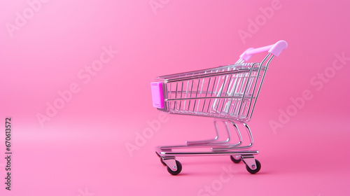 shopping cart on pink background. Shopping cart isolated. generative ai